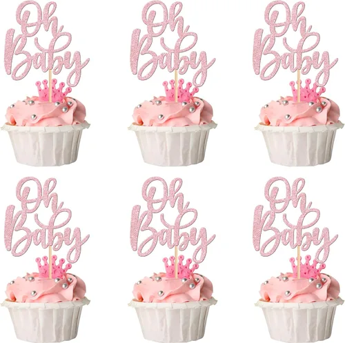 Vista 8 de 24 piezas Oh Baby Cupcake Toppers Glitter Baby Shower Cupcake Picks Reveal Género Decoración de Pasteles para Baby Shower Niños Niñas Fiesta de Azul