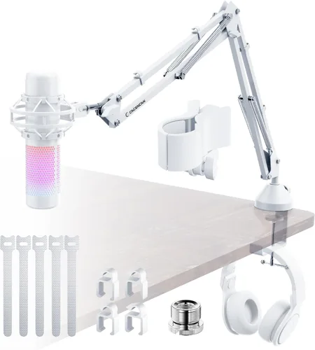 Vista 11 de CACENCAN Brazo articulado, soporte de micrófono giratorio de 360° con montaje de escritorio, brazo de micrófono de escritorio plegable con adaptador