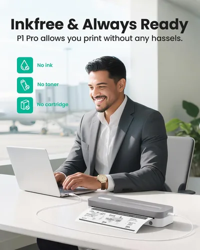 Vista 3 de P1 Pro Impresora Térmica Sin Tinta, Impresora Bluetooth Portátil Tamaño Carta EE. UU. con 1 Rollo de Papel, para iPhone, Android, Computadora, Uso