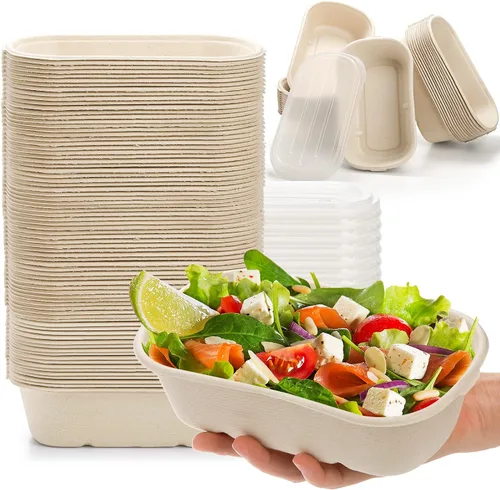 Vista 7 de Yesland Paquete de 50 recipientes de comida para llevar con tapa de polipropileno, cuencos de papel desechables rectangulares de 33 onzas