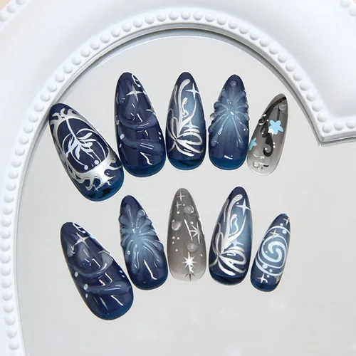 Vista 4 de 24 piezas de uñas postizas de punta francesa a presión, uñas postizas medianas en forma de almendra con diseño de ondas azul oscuro, uñas postizas