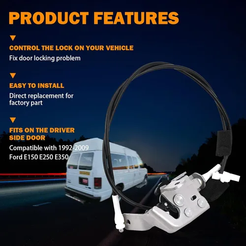 Vista 8 de Cable de pestillo de puerta trasera compatible con furgoneta Ford E350 E250 E150, modelos 1992-2009, lado del conductor, parte superior trasera