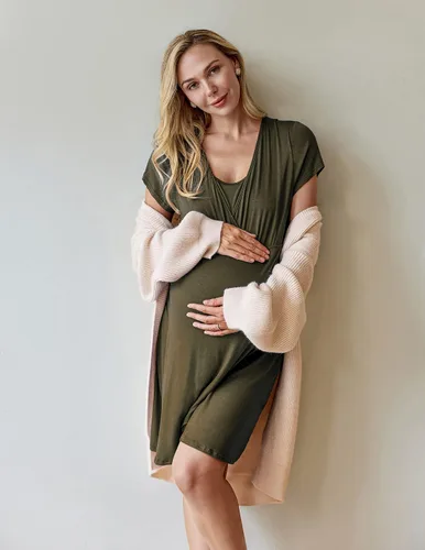 Vista 4 de Ekouaer Camisón de enfermería 3 en 1 camisón de maternidad de manga corta vestido de enfermería para lactancia materna ropa de dormir vestido
