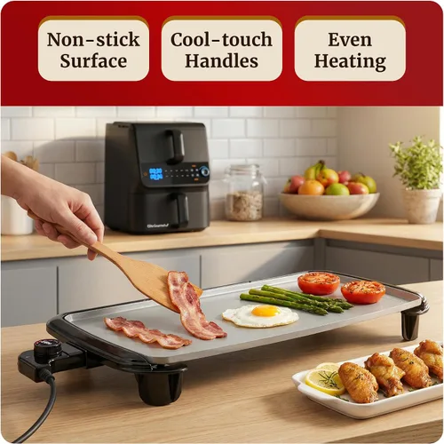 Vista 2 de Elite Gourmet Plancha eléctrica de 10 x 20 pulgadas, superficie antiadherente Ceralast™ de cerámica grande sin PFAS, asas de tacto frío, termostato