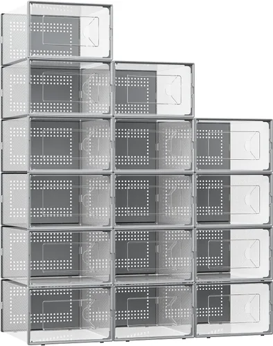 Vista 8 de Foluck Caja de almacenamiento para zapatos extra grande, paquete de 15 cajas de plástico transparente apilables, organizador de zapatos