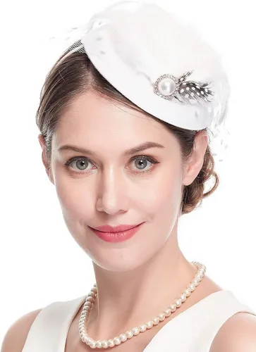 Vista 4 de Cizoe Pillbox Hats - Sombreros vintage de los años 20 y 50 para mujer, con diadema de velo de malla de plumas, para novia, boda, fiesta de té