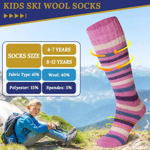Vista 5 de Calcetines de esquí para niños de lana merina cálidos térmicos para senderismo snowboard hasta la rodilla calcetines para botas para niños y niñas 2