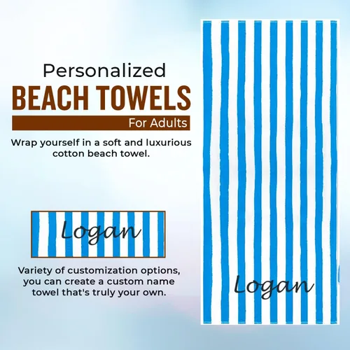 Vista 2 de Toallas de playa personalizadas Passion para adultos - Toallas de piscina personalizadas con nombre - Algodón altamente absorbente - Diseño a rayas