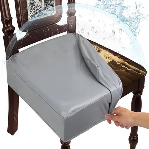 Vista 15 de Juego de 4 fundas de asiento impermeables para sillas de comedor, fundas de asiento de cocina de cuero, resistentes a las manchas, fundas elásticas