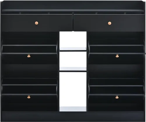 Vista 4 de SSLine Zapatero bohemio de 4 puertas con 2 cajones, zapatero independiente, moderno organizador de almacenamiento de zapatos de madera negra