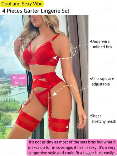 Vista 2 de Lenceria con liguero para mujer, conjunto de encaje traslúcido y sexy de 4piezas