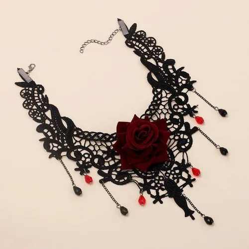Vista 5 de Gargantilla gótica de encaje negro rosa roja para mujer, Zinc, No es una piedra preciosa