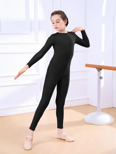 Vista 2 de Unitardo de cuerpo entero con manga larga para niñas, de una pieza, para gimnasia y baile, de licra, para niños Negro