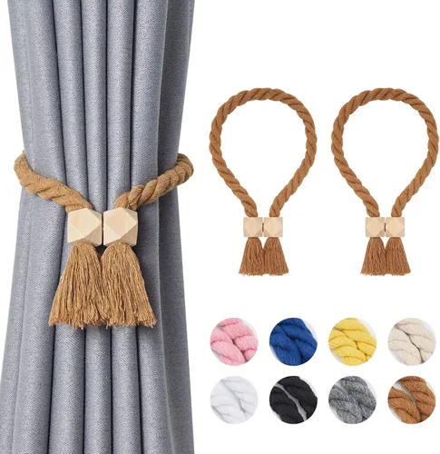 Vista 20 de NICEEC 2 Pack de Alzapaños Magnéticos de Madera en Forma de Cubo Boho para Decoración del Hogar, Alzapaños de Lino Tejidos a Mano para Cortinas Beige