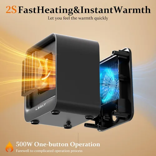 Vista 2 de Lerat Calentador de Espacio, Calentador Mini Portátil para Uso en Interiores, 500W, Calentamiento Rápido, Calentador de Escritorio Pequeño