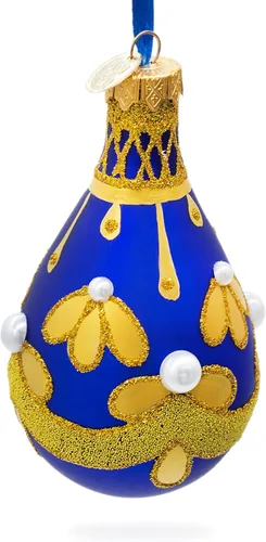 Vista 5 de Patrón de oro en azul Waterdrop Finial Glass Christmas Ornament