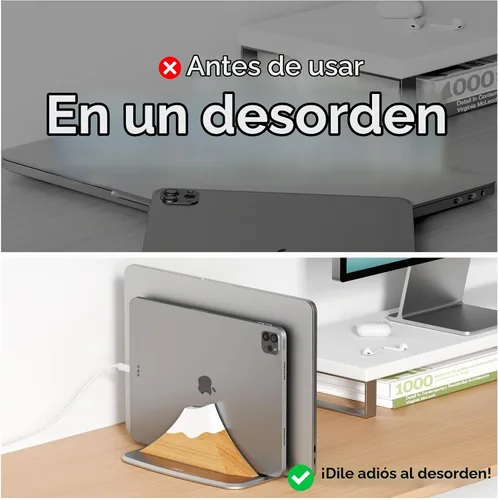 Vista 6 de AFOOYO Soporte vertical doble para laptop, soporte ajustable de madera en forma de pico de nieve, base de escritorio con 2 ranuras compatible