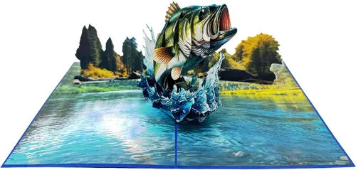 Vista 2 de Bass Fish - Tarjeta de felicitación emergente 3D Diseño de tarjeta de cumpleaños emergente hecha a mano simbólica para cumpleaños, aniversarios