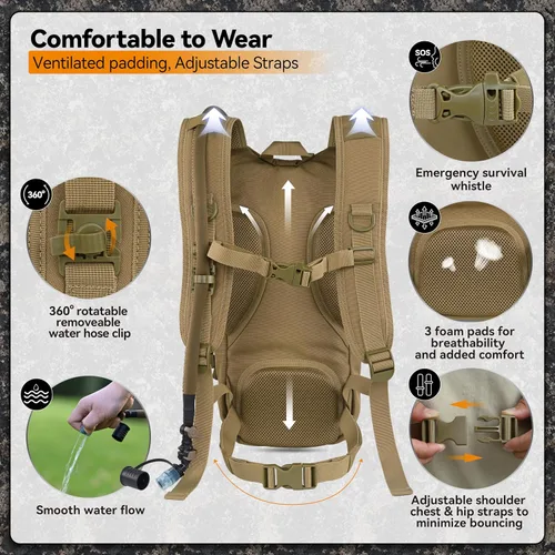 Vista 4 de MARCHWAY Mochila de Hidratación Táctica Molle con Vejiga de Agua de TPU de 2.5L, Mochila Militar Organizada de Perfil Bajo para Senderismo, Canela