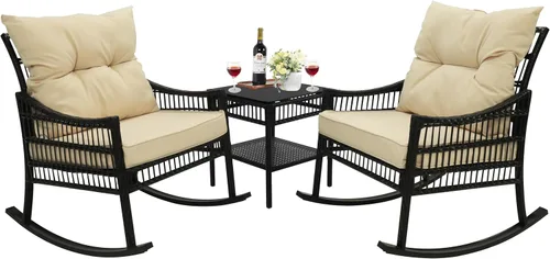 Vista 2 de MUPATER Mecedora de 3 piezas para exteriores, juego de mimbre con mesa y cojines, juego de bistró de ratán para patio, porche, beige