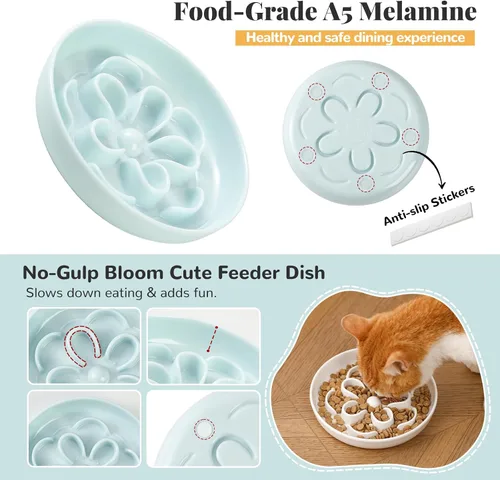 Vista 4 de Cuenco de melamina para gatos de alimentación lenta – Plato de comida para gatos con laberinto floral – Plato plano para alimentos secos y húmedos