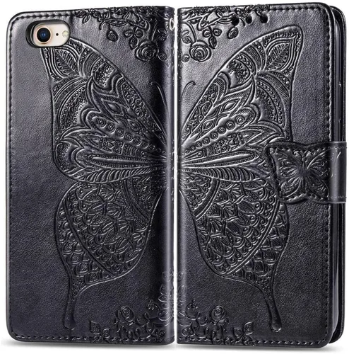 Vista 2 de KRHGEIK Funda tipo cartera para iPhone SE 2020/SE 2022/iPhone 8/iPhone 7, diseño de mariposa en relieve, de piel sintética, con ranuras para Negro