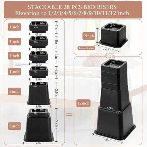 Vista 2 de 28 PCS Elevadores de Cama Ajustables de 12 Pulgadas Resistentes, Elevadores de Muebles con Elevación en Alturas de 1, 2, 3, 4, 5, 6, 7, 8, 9, 10