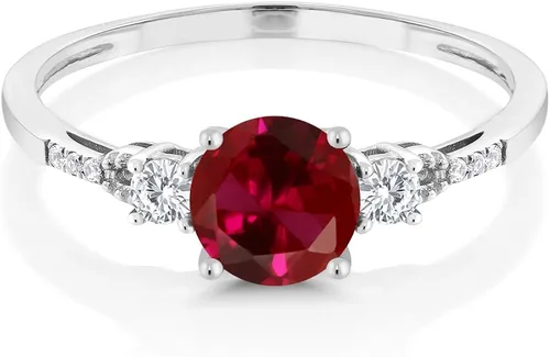 Vista 2 de Gem Stone King Anillo de compromiso de 3 piedras de oro blanco rubí creado en oro blanco de 10 quilates y diamantes para mujer