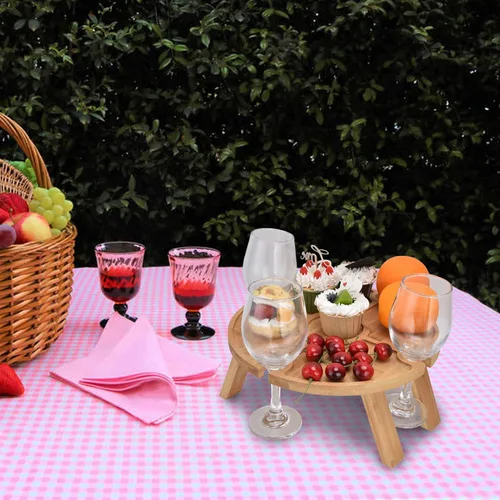 Vista 5 de Mesa de picnic plegable portátil, mesa de madera plegable al aire libre con soporte para copa de vino para senderismo, camping, cena