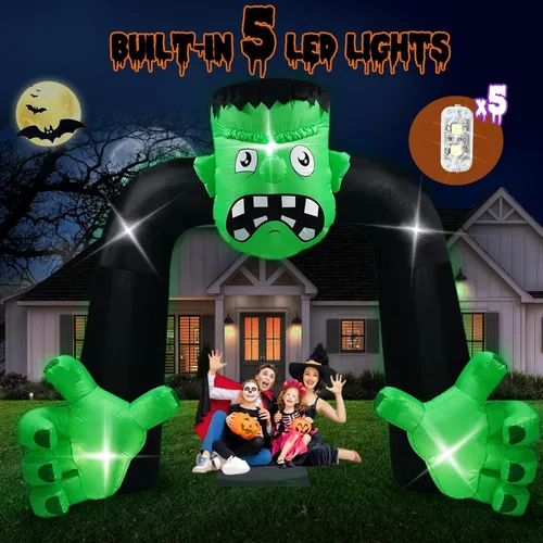 Vista 4 de Arco inflable de Halloween de 9 pies de alto, decoración de Frankenstein, arco inflable de Frankenstein integrado, 5 luces LED para decoración