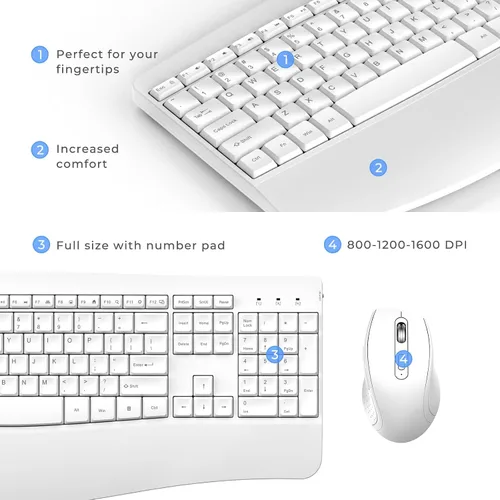 Vista 3 de Combo ergonómico de teclado y mouse, teclado inalámbrico de computadora de tamaño completo con reposamuñecas de palma mouse ergonómico para Blanco