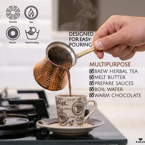 Vista 5 de Cafetera turca Hakan Hervidor de agua para estufa, cafetera, calentador de mantequilla, chocolate y leche Calentamiento uniforme y rápido
