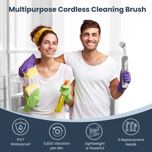Vista 6 de LifeBasis - Cepillo de limpieza recargable inalámbrico, color blanco Water-resistant Compact Scrubber with 5 Replaceable Brush Heads for Grout