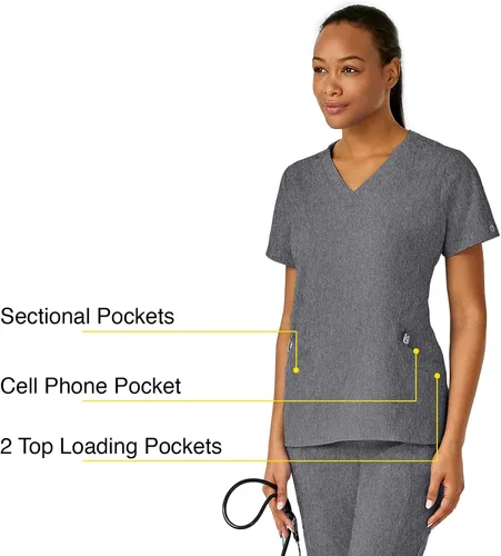 Vista 2 de WonderWink Top estilizado con cuello en V para mujer, Gris Carbón jaspeado