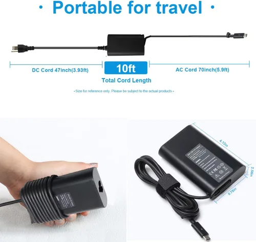 Vista 4 de Cargador USB-C tipo C de 65 W para Dell XPS 13 9350 9360 9365 9370 9380 12 9250 Latitude 7275 7370 5175 5285 5290 7390 2 en 1 LA65NM170 HA66 5NM17 0