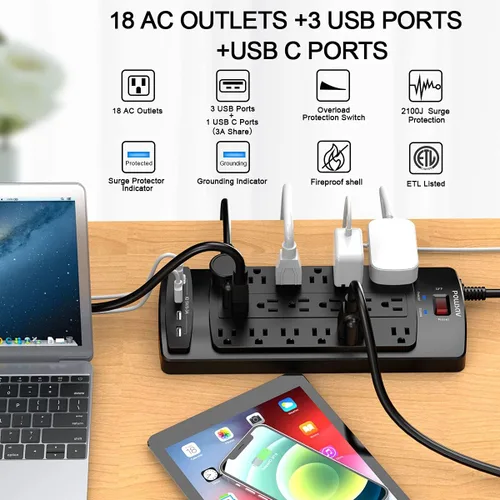 Vista 2 de Regleta protectora de sobretensiones de 18 tomas – Cable de extensión de enchufe plano de 6 pies resistente con 18 tomas amplias y 4 puertos USB