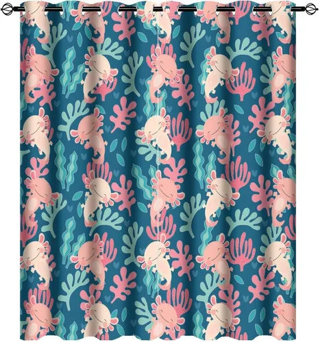 Vista 37 de Cortinas abstractas de ajolote con diseño de galaxia colorida y peces, con aislamiento térmico, oscurecimiento de habitación completa, para sala