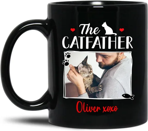 Vista 11 de Taza de café personalizada con nombre y foto de gato, marco de fotos personalizado para gato, taza de café negra de 11 onzas y 15 onzas, taza de té