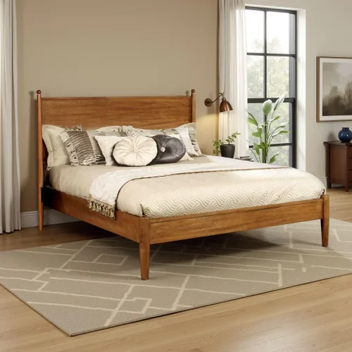Vista 2 de Cama Queen de madera moderna de mediados de siglo con patas redondas cónicas, roble rústico