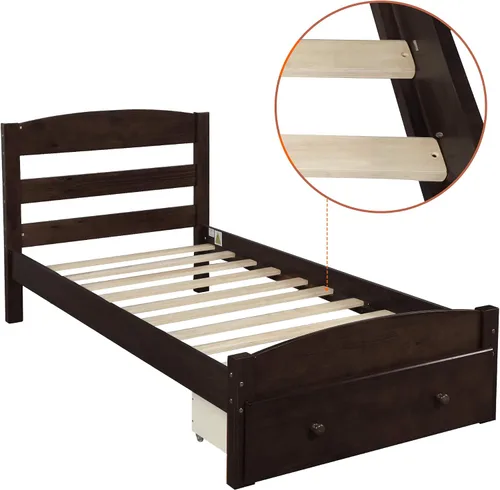 Vista 7 de Merax Cama de plataforma de tamaño individual con cajón de almacenamiento, marco de cama de madera con cabecera y estribo/fácil montaje/soporte