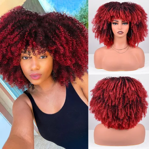 Vista 15 de Vitorish Peluca corta afro rizada con flequillo para mujeres negras, peluca sintética resistente al calor, color negro natural, para uso diario