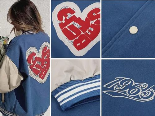 Vista 5 de Aelfric Eden Chaqueta universitaria con estampado de amor y letras para hombre, chaqueta de béisbol con gráficos vintage, unisex, ropa de calle
