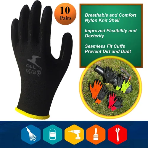 Vista 2 de GLL Guantes de trabajo de seguridad con revestimiento de látex para hombres y mujeres, paquete de 10 pares de agarre firme