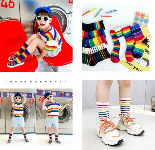 Vista 3 de EIAY Shop Calcetines de algodón con rayas arcoíris para niños y niñas grandes