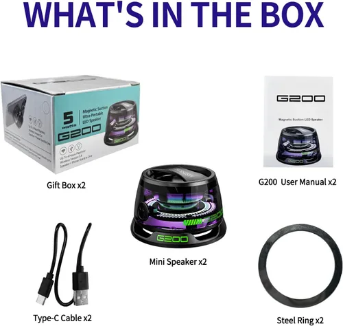 Vista 8 de Altavoz Bluetooth magnético G200 con luz RGB - Mini altavoz Bluetooth portátil, sonido estéreo de rango completo para 7 horas de reproducción, modo