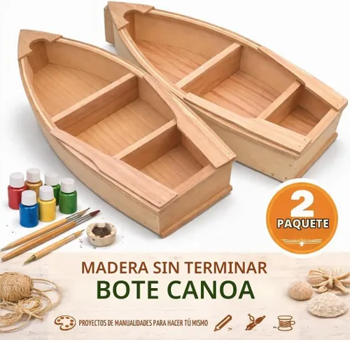 Vista 6 de Barco de madera sin terminar, paquete de 2 – Canoa pintable para bricolaje