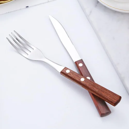 Vista 7 de Juego de 20 cubiertos de acero inoxidable con mango de madera maciza para 4 personas, cuchillo para carne, cuchara de postre (oscuro)