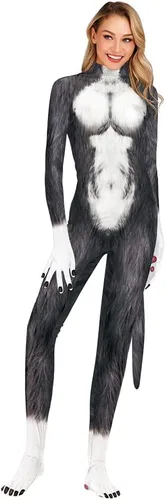 Vista 124 de Disfraz de animal para hombre con estampado de cola grande, overol peludo de elastano para cosplay, fiesta de Halloween