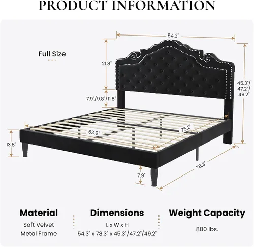 Vista 2 de SHA CERLIN Marco de cama tamaño completo con cabecera ajustable/Tapizado de terciopelo/Capitoné con botones de diamante y tachuelas de metal/No