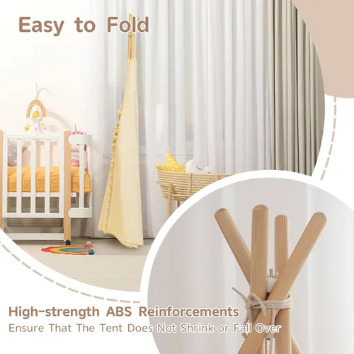 Vista 6 de WIRHAO Tienda de campaña tipi para niños con alfombrilla acolchada, lona de algodón, tipi con pompón para niños pequeños, tienda de campaña
